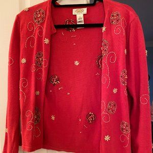 Red  Embroidered Cardigan with Flowers